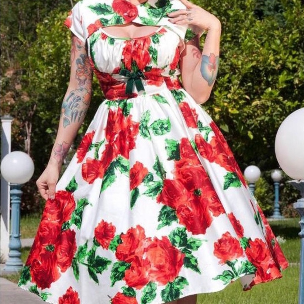 Pinup Couture Ericka Red Roses Dress WITH BOLERO JACKET